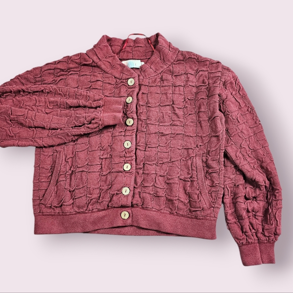 FP Beach Textured Button-Up Maroon Faded Red Cotton‎ Viscose Blend Cardigan Sz S